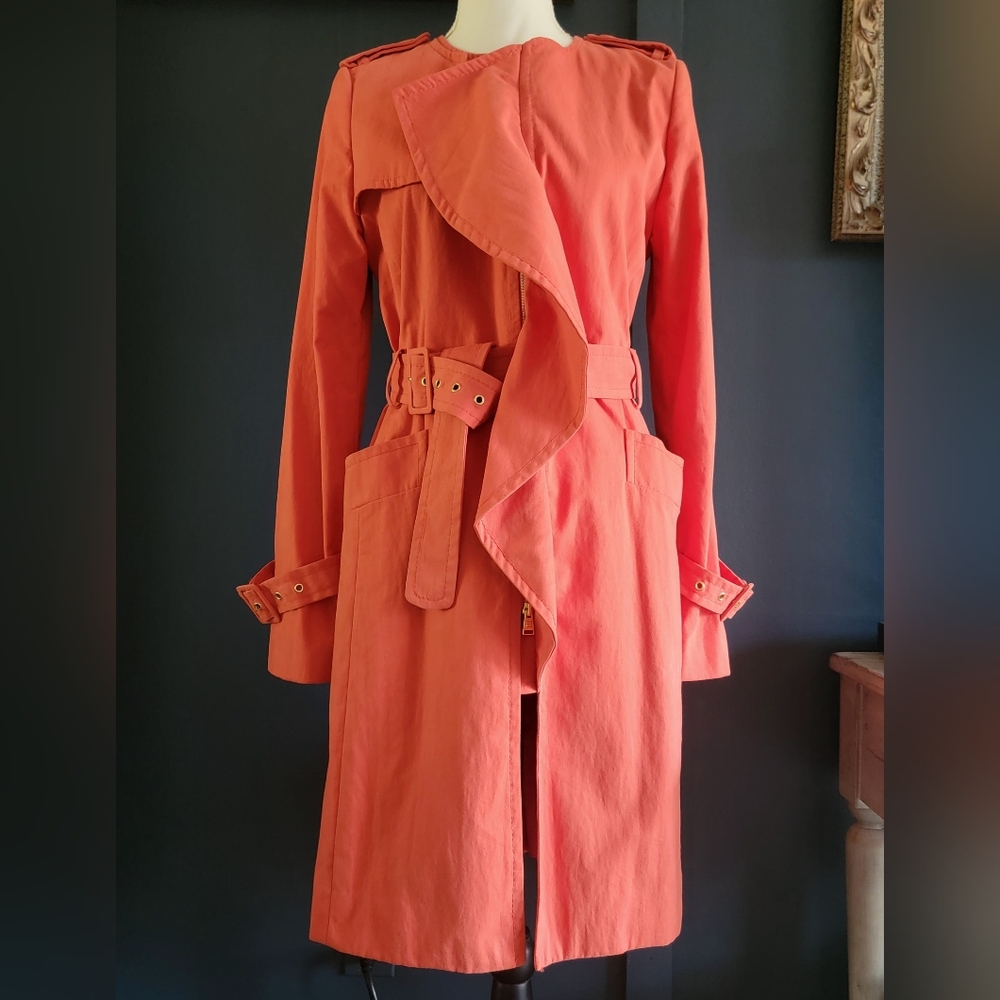 BCBGMaxazria Cotton Blend Belted Ruffle Full Zip Spring Fall Trench Coat‎ Small